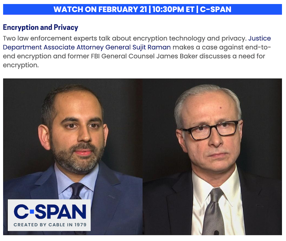 C-SPAN Tonight: USDOJ & R Street’s Baker Debate Crypto